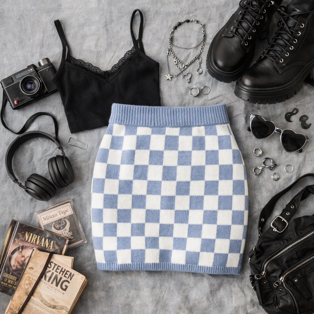 Hollister‎ Knit Mini Skirt Blue White Checkerboard Ultra High Rise Small NWT